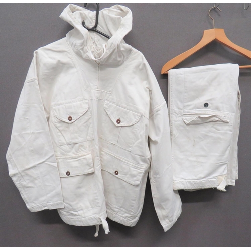 336 - WW2 British Army Camouflaged Snow Smock and Trousers
white, pull over smock with hood. &nbsp;Pleated... 