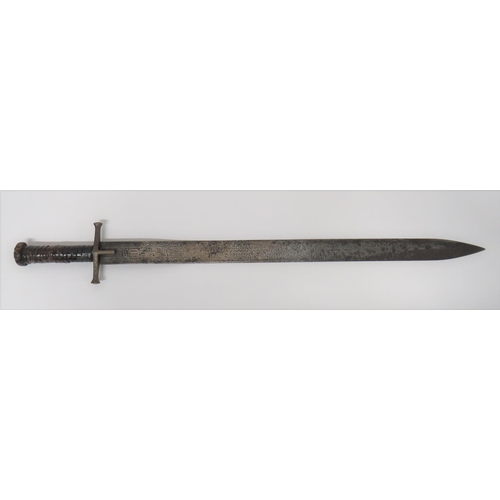 Early 20th Century Sudanese Sword
25 inch, double edged, spear point blade.  Etched geometric panes and Cyrillic script.  Brass crossguard with double langets.  Leather wrapped, wooden grip and disk pommel. 