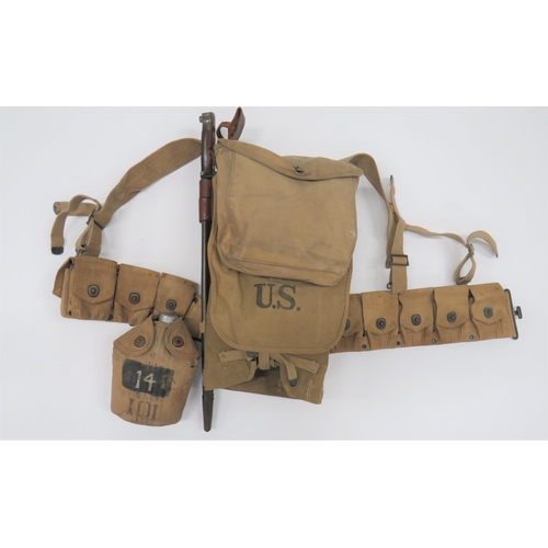 403 - American Part Set Of WW1 Equipment and Bayonet
consisting khaki, triple section ammunition belt ... ... 