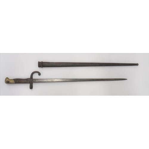 Scarce Peabody Martini "Gras" German Made Bayonet
19 3/4 inch, T section, single edged blade.  The forte with maker "Alex Coppel Solingen"  Steel hook quillon and muzzle ring.  Brass pommel with steel locking spring catch.  Wooden slab grips.  Contained in its steel scabbard.  