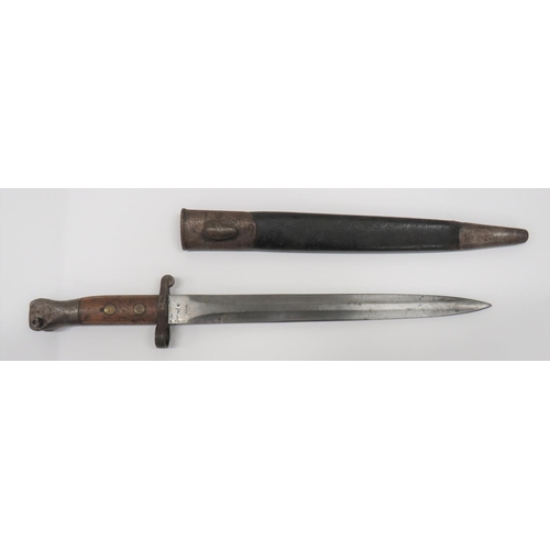 85 - 1888 MKI 2nd Type Bayonet
12 inch, double edged blade.  Forte with maker 