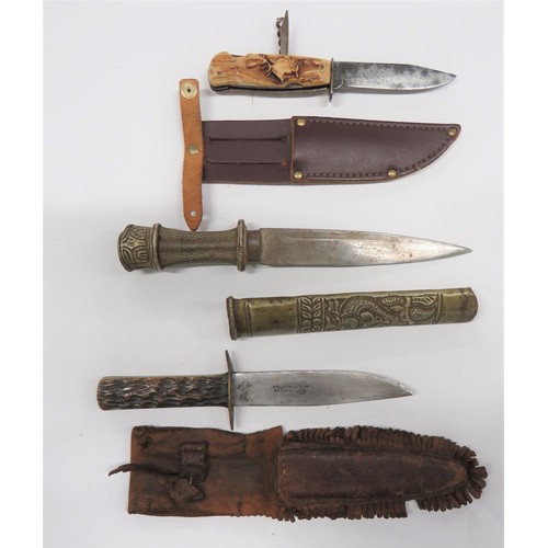 146 - Three Various Knives
consisting Tibetan knife.  6 inch, single edged blade.  White metal wire grip. ... 