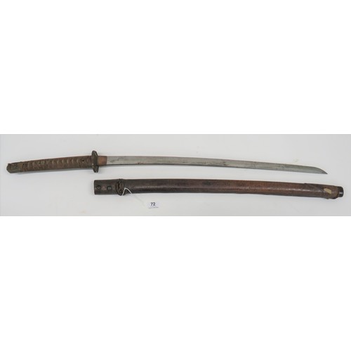 72 - WW2 Military Mounted Japanese Officer's Katana Sword
28 1/2 inch, single edged blade.  Good wavy ham... 