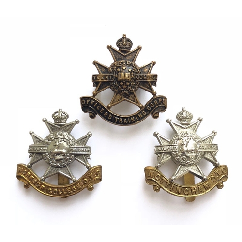 3 OTC cap badges of Sherwood Foresters pattern.  Trent College OTC ... Worksop College OTC Nottinghamshire 2nd pattern ... Nottingham University College OTC. All with fittings.     Loops.  GC
