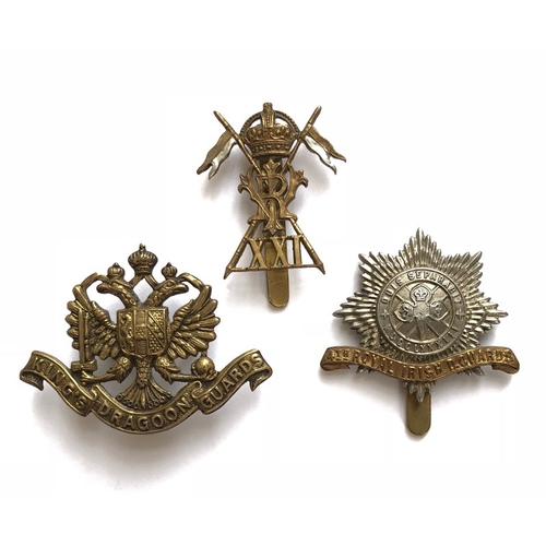 3 WW1 Cavalry cap badges.  Kings Dragoon Guards ... 4th Royal lrish Dragoon Guards ... 21st (Empress of India) Lancers.  All with fittings.