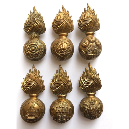 113 - 6 post 1881 fusilier fur cap grenades.  Royal Fusiliers (KC) ... Northumberland ... Welsh ... Innisk... 