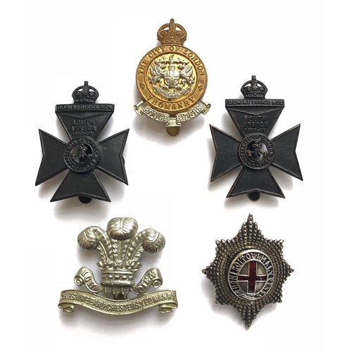 121 - 5 cap badges.  CLY Rough Riders on Gaunt, London slider ... 2 x 6th London on crimped sliders ... Ea... 