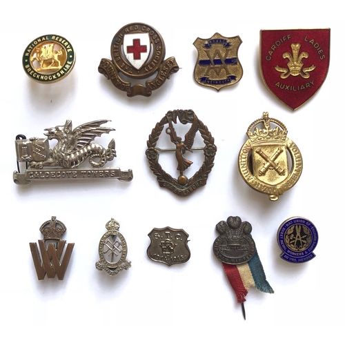 122 - 12 WW1 Home Front Lapel Badges etc Including Welsh Interest.  Including:  National Reserve Brecknock... 