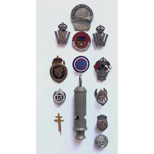 WW2 HMV V For Victory Home Front Lapel Badge Plus Others.  Including: Robinson & Kershaw Tank On War Service Badge.  Derbyshire Air Raid Welfare.   WW1 War Worker etc. All complete with fittings (12 Badges Plus ARP Whistle)