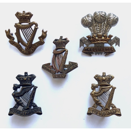 131 - 5 Victorian Irish cap badges.  Connaught Rangers ... Royal Irish ... Leinster .... 2 x Royal Irish R... 