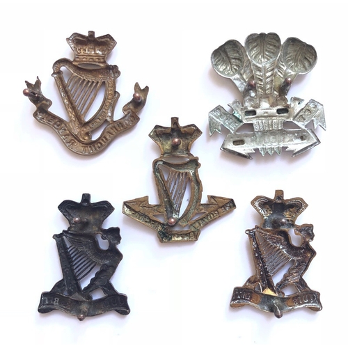 131 - 5 Victorian Irish cap badges.  Connaught Rangers ... Royal Irish ... Leinster .... 2 x Royal Irish R... 