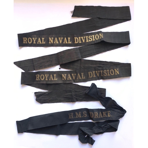 140 - 2 WW1 Royal Naval Division Cap Ribbon Tallies.  A good example of black silk with gold wire embroide... 