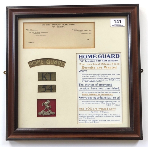 141 - WW2 Kent 54 (Chistlehurst) Home Guard Badges and Ephemera.  A framed group comprising: Badges Printe... 