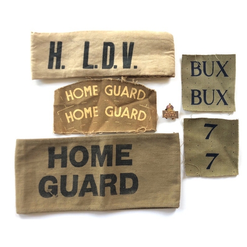 142 - WW2 Buckinghamshire Home Guard Badges & Photograph.  Comprising: Printed HOME GUARD BUX 7 Uncut pair... 