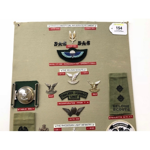 154 - Rhodesian Special Air Service & Selous Scouts 28 items of insignia.  Board with good tabulated displ... 