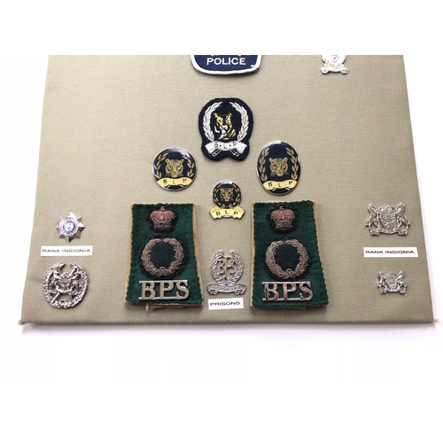 156 - Bechuanaland and Botswana Police and Military 28 items of insignia.  Board with good tabulated displ... 