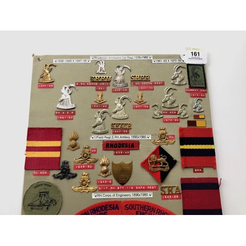 161 - Rhodesian Armoured Car Regiment, Artillery and Engineers 51 items of insignia.  Board with good  dis... 