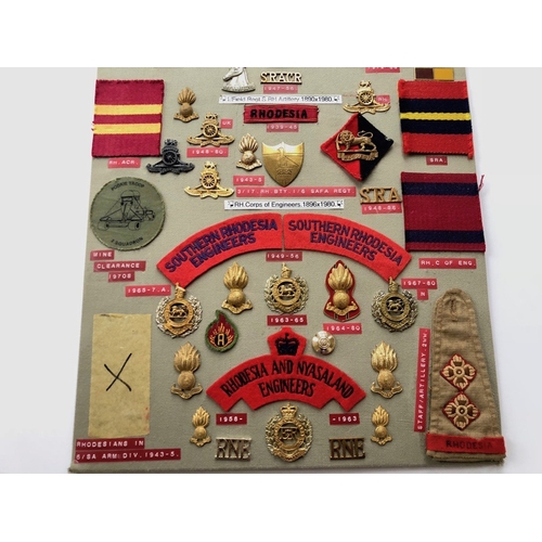 161 - Rhodesian Armoured Car Regiment, Artillery and Engineers 51 items of insignia.  Board with good  dis... 