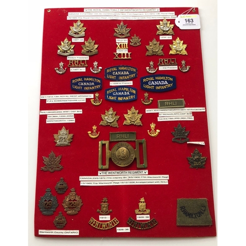 163 - Canada. Royal Hamilton Light Infantry/Wentworth Regiment 42 items of insignia.  Board with good  dis... 