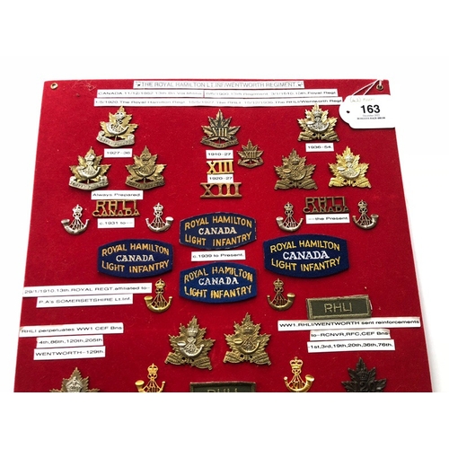 163 - Canada. Royal Hamilton Light Infantry/Wentworth Regiment 42 items of insignia.  Board with good  dis... 