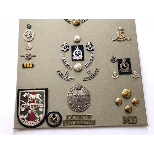 164 - Kenya Police 50 items of insignia.  Board with good display of mainly metal badges including East Af... 