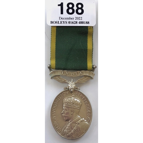 North West Railway Bn India Territorial Force Efficiency Medal  George V Crowned head example awarded to L-CPL H.A. TEAL N.W.RY BN. A.F.I. Retaining original ribbon and pin fitting as worn