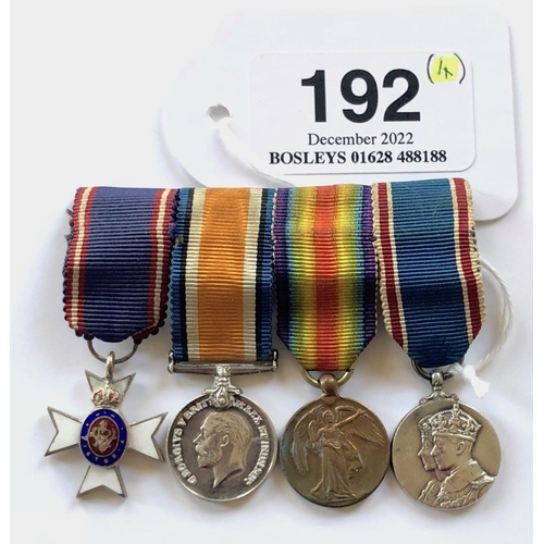 Royal Victorian Order MINIATURE Medal Group of Four  Comprising Royal Victorian Order, British War Medal, Victory Medal and George VI Coronation Medal. Mounted as originally worn with original ribbons.