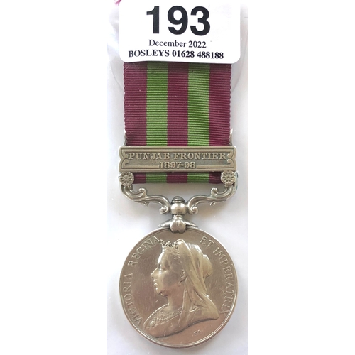 193 - 38th Bengal Infantry  India General Service Medal, clasp “Punjab Frontier 1897-98”.  Awarded to 36 H... 