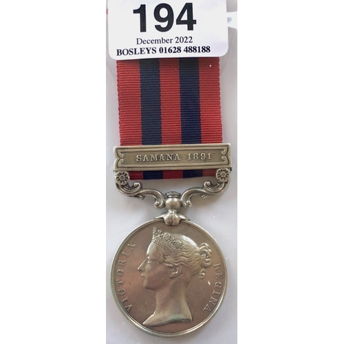 194 - 1st Punjab Infantry Regiment 1854 India General Service Medal, clasp “Samana 1891”  Awarded to  3940... 