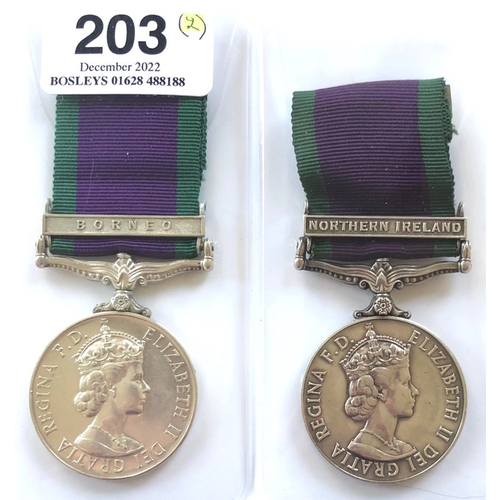 203 - 2 Royal Artillery Campaign Service Medals.  Comprising: Campaign Medal clasp Borneo 23926279 GNR T.C... 