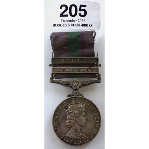 205 - Royal Artillery two clasp General Service Medal.  Awarded to 22809408 GNR B EVANS RA. Bearing the tw... 