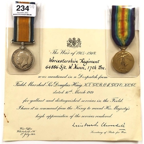 234 - WW1 West Yorkshire / Worcestershire Regiment MID Medals and Certificate.  Awarded to Sergeant Willia... 