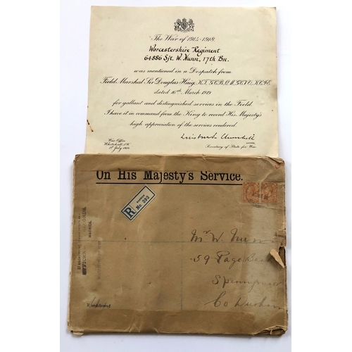 234 - WW1 West Yorkshire / Worcestershire Regiment MID Medals and Certificate.  Awarded to Sergeant Willia... 