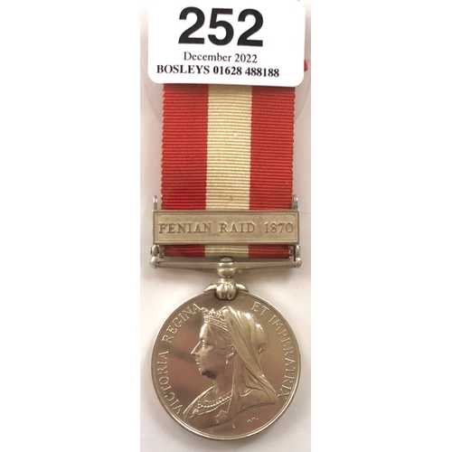 252 - 64th Battalion Canada General Service Medal, clasp Fenian Raid 1870.  Awarded to PTE P. TURCOTTE 64T... 