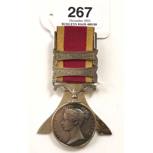 267 - Second China War Medal, clasps Canton 1857 and Taku Forts 1860.  A good unnamed example bearing two ... 