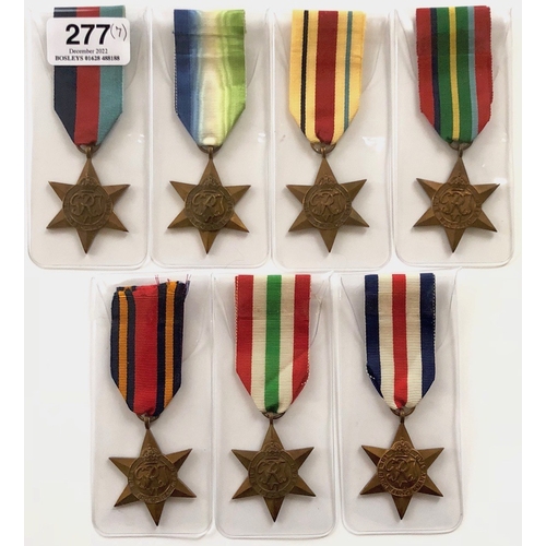 7 WW2 British Campaign Stars.  Comprising: 1939/45 Star ... Atlantic Star ... Africa Star ... Pacific Star ... Burma Star ...Italy Star (Private Name A-SGT H H COUNSELL) ... France and Germany Star.