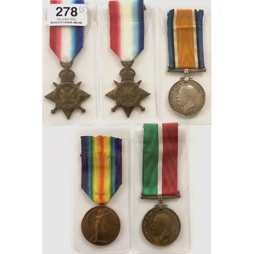 278 - 5 WW1 British Campaign Medals  1914 Mons Star awarded to T-22701 DVR J CASSIDY ASC ... 1914/15 Star ... 