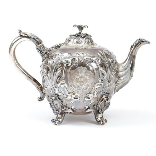 301 - Royal Scots Fusiliers Presentation 1849 HM Silver Teapot. This impressive floral embossed teapot is ... 