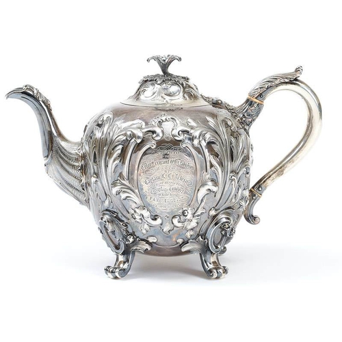 301 - Royal Scots Fusiliers Presentation 1849 HM Silver Teapot. This impressive floral embossed teapot is ... 