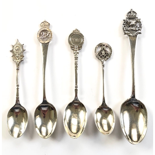 5 HM Silver Teaspoons. Cheshire, Liverpool Scottish, Worcestershire, South Staffordshire.  All bearing silver hallmarks. Representing: The Worcestershire Regiment ... The Cheshire Regiment ... 1st VB Cheshire Regiment ... South Staffordshire Regiment ... Liverpool Scottish.