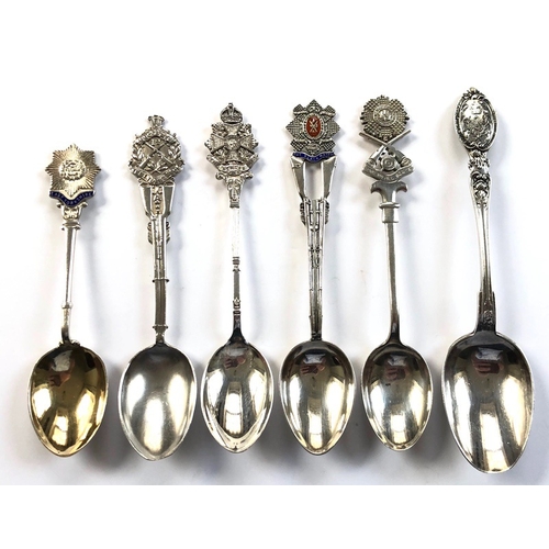 309 - Yorkshire, Border, Black Watch & Royal Scots 5 Regimental HM Silver Teaspoons. All bearing silve... 