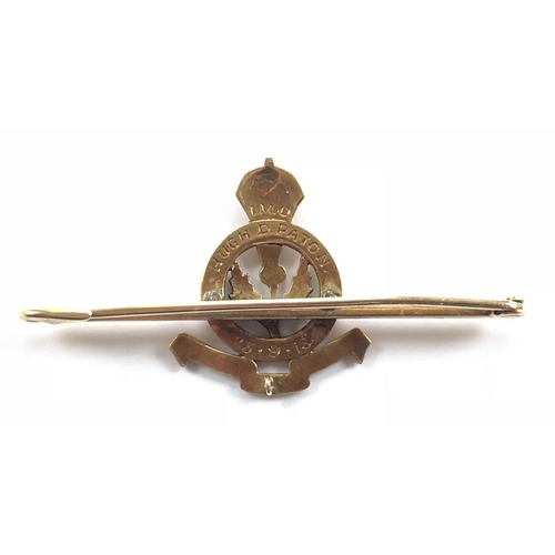 316 - Royal Scots Fusiliers 15ct regimental bar brooch.  Good slender pinback bar, impressed 15CT, mounted... 