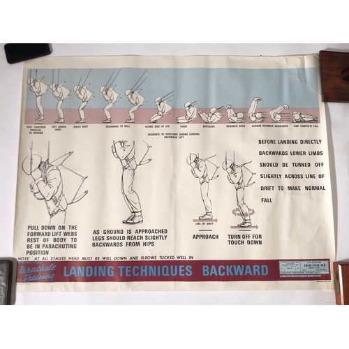 Cold War Large British Airborne Forces Parachute Training Poster Landing 2.  This official semi coloured poster is titled Landing Techniques Backwards. and depicts a paratrooper in the various positions, prior and after landing.  Printed in April 1976  by command of the Defence Council Army Service/ Royal Air Force. Wear to the upper right corner. Overall approx. size 40 x 30 inches