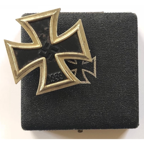 German Third Reich 1939 Iron Cross 1st Class in case of issue.  A good example, silvered frame magnetic iron centre, reverse with hinged tapered pin and securing hook. Housed in original case, the fitted interior with simulated cream velvet and silk, the lid impressed with silver facsimile of the award. GC