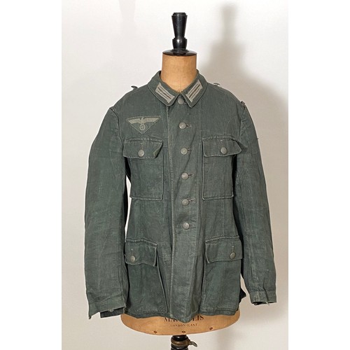 419 - German Third Reich WW2 Army reed green denim Field Service Tunic. Good scarce four pocket issue comp... 