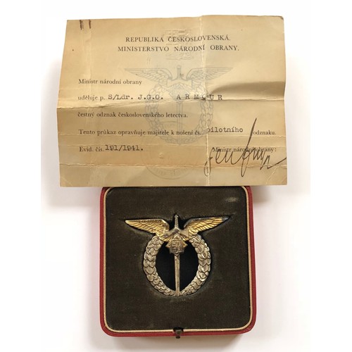 452 - Czech WW2 Attributed RAF Pilot Silver Breast Wings Badge & Certificate. A rare pair presented to... 