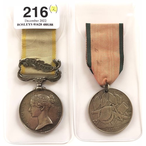 216 - Crimea War Medal Pair. Comprising: Crimea War Medal, clasp SEBASTOPOL, Turkish Crimea Medal (British... 