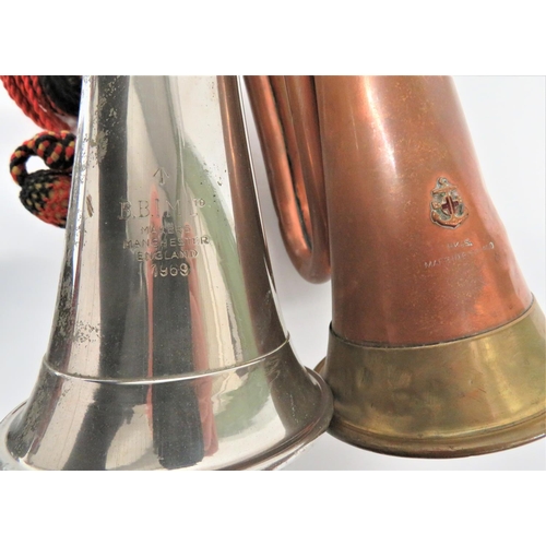 239 - Three Military Pattern Bugles
consisting silver plated example complete with mouthpiece. No apparent... 