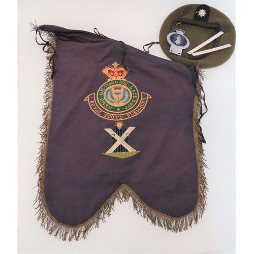 247 - Royal Scots Fusiliers Piper's Banner
maroon banner with gilt wire edge fringe.  Embroidery crow... 