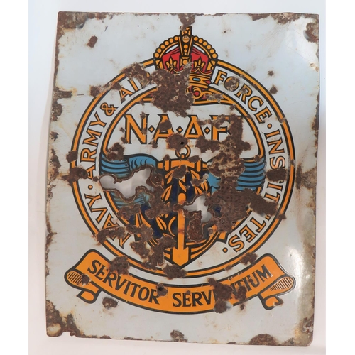 Pre 1952 NAAFI Enamel Sign
24 x 30 inch, white enamel sign.  Central Kings crown Navy, Army & Air Force Institutes "NAAFI" badge.  Some holes and enamel damage.  